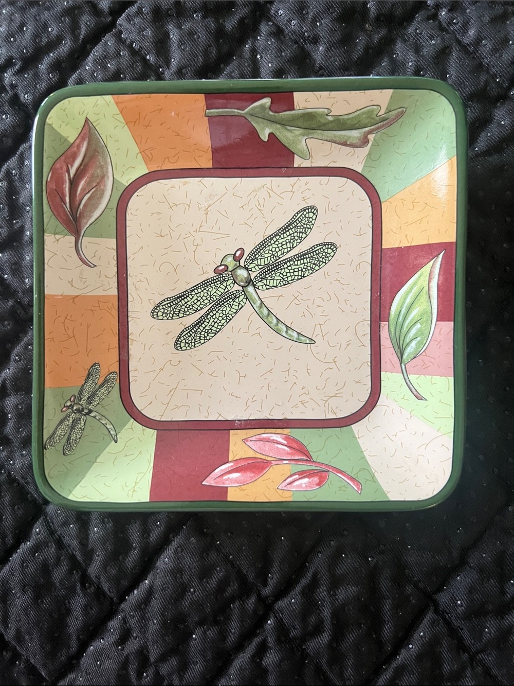 PartyLite Nature’s Pillar Tray P7583 - Dragonfly & Leaves Square Ceramic Trinket